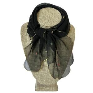 Vintage Art Deco Gilded Black Silk Chiffon Scalloped Polka-Dot Neckerchief Scarf